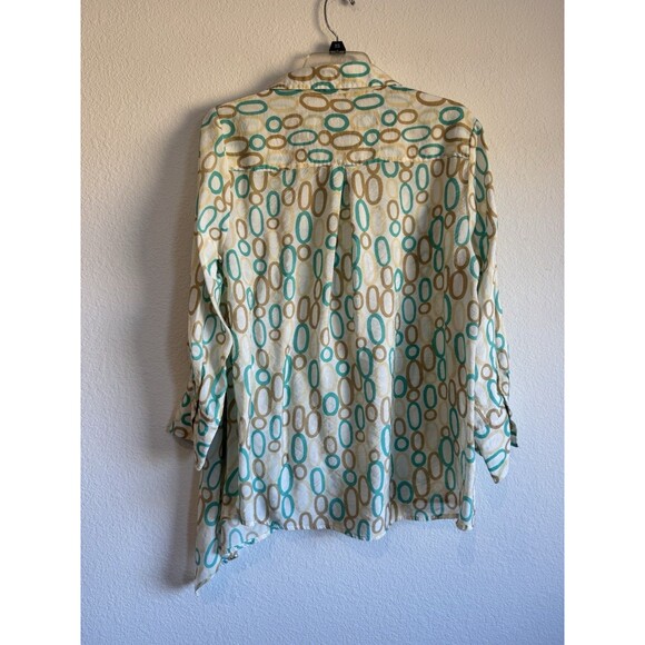 Multiples Women's Turquoise Tan Button Down Tunic Shirt Long Sleeve Asymmetric M - Picture 8 of 11